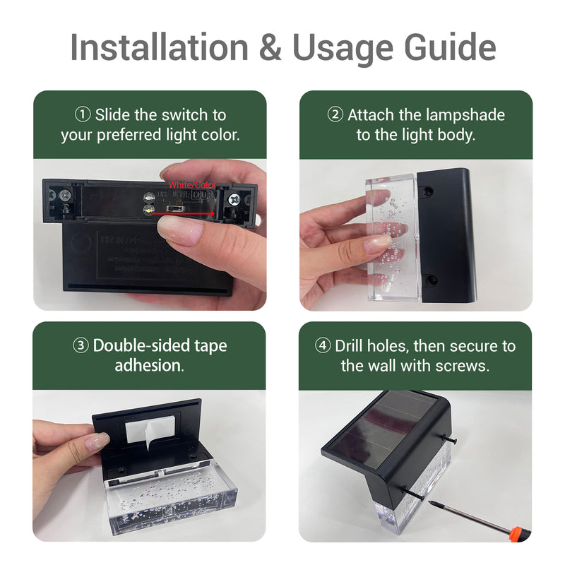 Installation and usage guide infographic showing four steps: sliding a switch to set the light color, attaching a clear lampshade, double-sided tape adhesion, and drilling screws to secure the solar light to a wall.