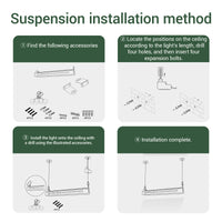 Step-by-step guide for suspension installation method with illustrations and text.