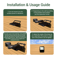 Installation and usage guide for a LED floodlight on wooden surface with text instructions.
