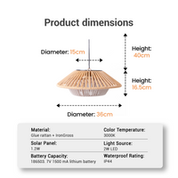 Product dimensions diagram for a hanging pendant light with a slatted natural wood top and woven shade, showing diameter and height measurements, plus material and technical specs on a white background.