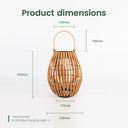 A solar handwoven garden lawn light in a bamboo basket, featuring visible measurements for size reference.