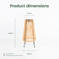 Product dimensions for a bamboo solar handwoven garden lawn light displayed on a white background.