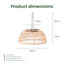 Product dimensions for the Solar Handwoven Bamboo Pendant Light displayed on a white background.