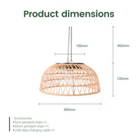 Product dimensions for the Solar Handwoven Bamboo Pendant Light displayed on a white background.