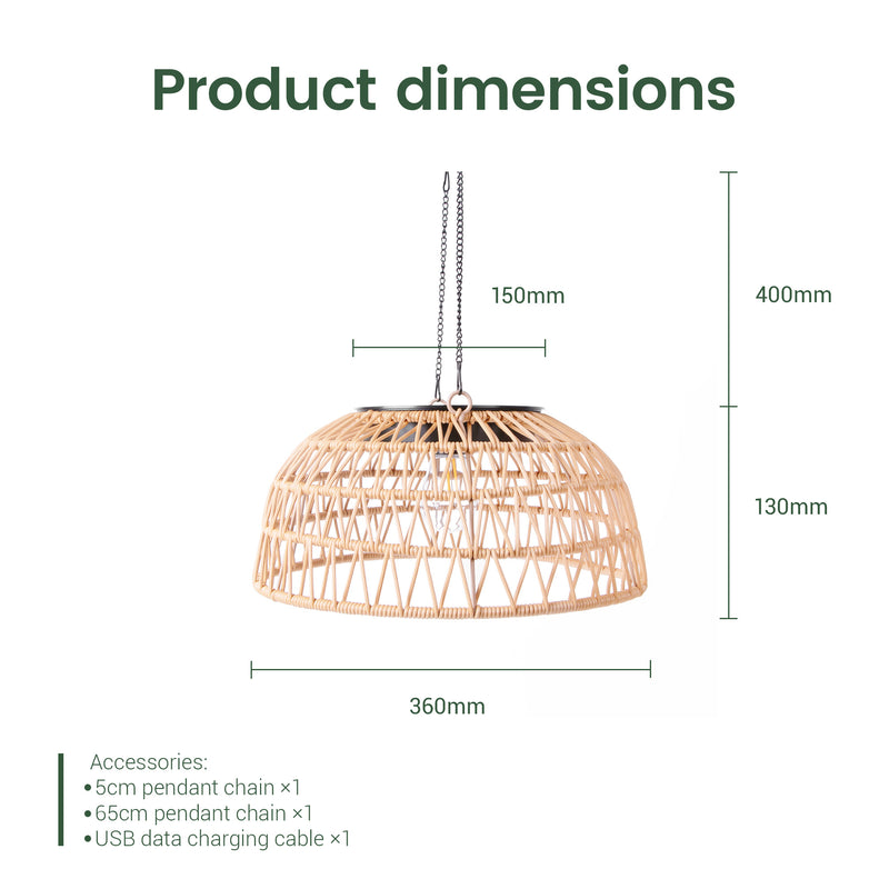 Product dimensions for the Solar Handwoven Bamboo Pendant Light displayed on a white background.