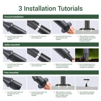 Installation tutorials for ground, spike-mounted, and post-mounted light fixtures.