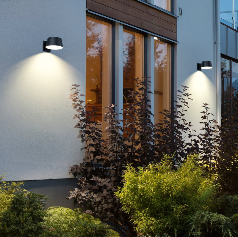 Modern building exterior with wall-mounted lights illuminating plants at night.