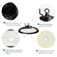 Diagram of a high-bay LED light fixture with labeled features on a white background.