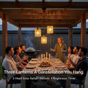 Outway PT0911 Haiku Trio 3 head solar rattan pendant hanging over pergola table at night with remote control
