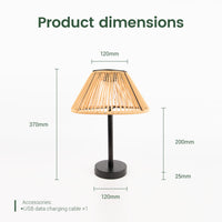 Solar Handwoven Table Lamp with detailed measurements and dimensions displayed beside it.