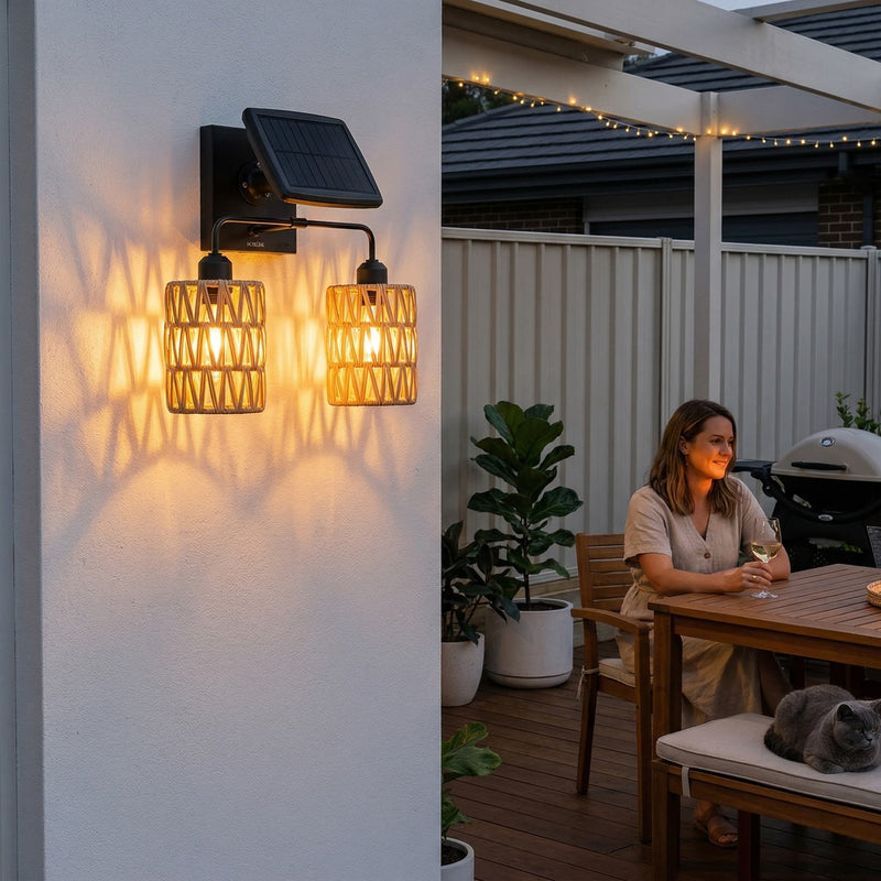 Kasa Duo PT0910 solar wall light with two PE rattan lanterns on one bracket, casting layered shadows on white stucco wall — ideal for patio or entryway ambiance with warm 3000K glow and IP54 weatherproof design.