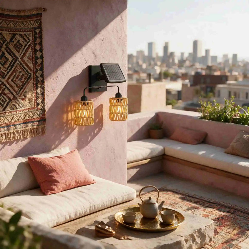Solar wall light with rattan shades on pink stucco terrace overlooking city skyline