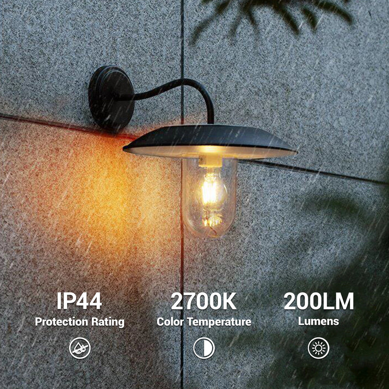 Solar wall light with IP44 rating, 2700K color temperature, and 200LM lumens