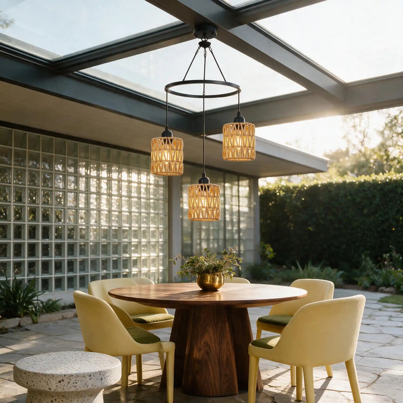 Haiku Mori Solar Rattan Pergola Pendant, 3 Heads