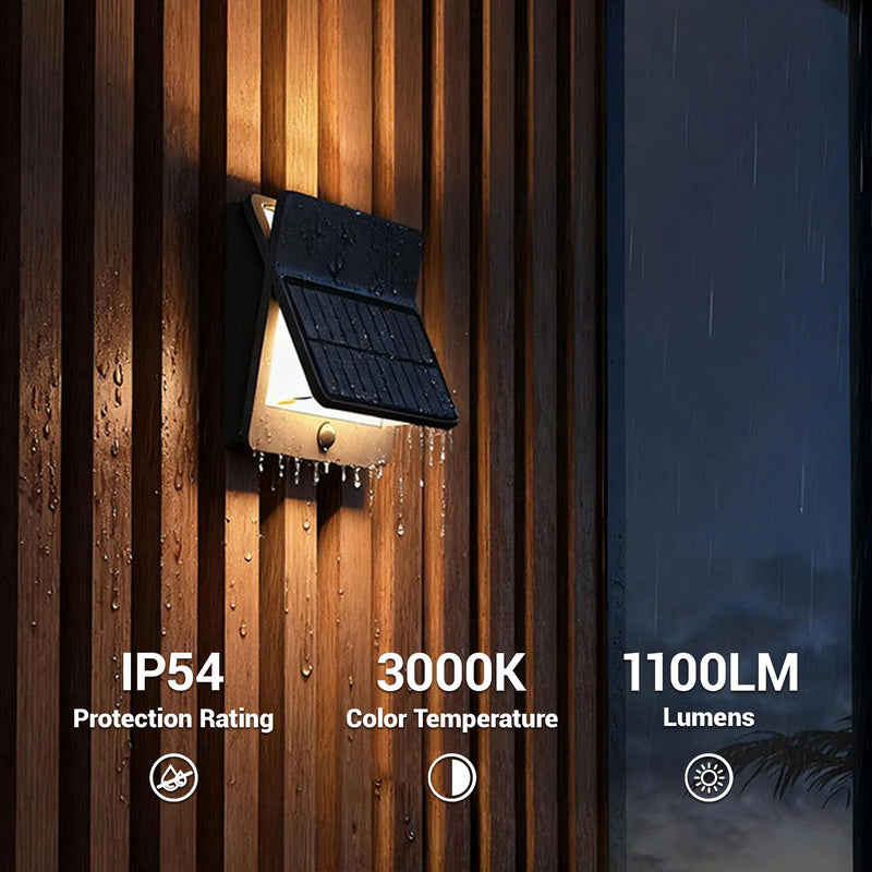 Outway solar wall light features explained — IP54 weatherproof rating, 3000K warm white colour temperature, 1100 lumens maximum brightness