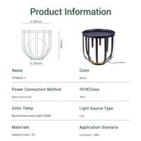 Product information card for a black indoor floor lamp fixture with dimensions and specifications.