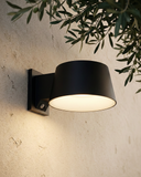 A modern matte black outdoor wall sconce mounted on a textured beige stucco wall, casting a warm glow upwards and downwards, with green olive branches hanging from above.