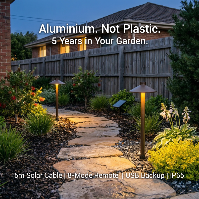 Garden pathway with solar lights, text about aluminium vs plastic, and product features.