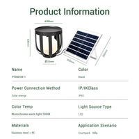 Product information card for a solar light with dimensions and features listed.