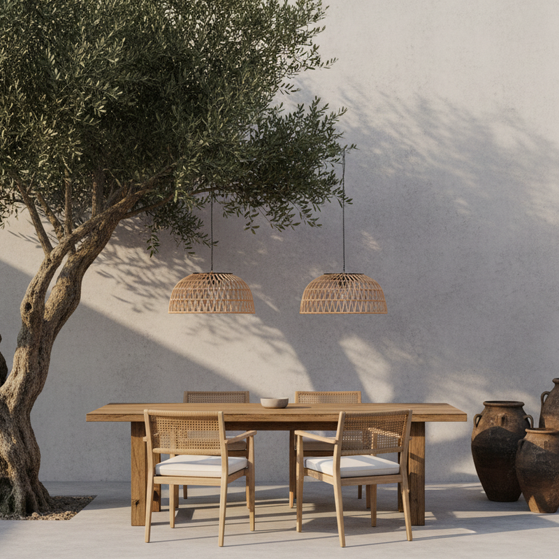 A table and chairs positioned under a tree, featuring a solar handwoven bamboo ceiling light above.