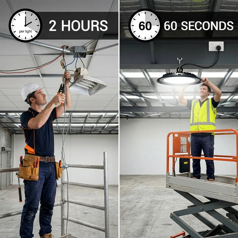 Traditional hardwired light installation taking 2 hours versus plug-and-play high bay LED self-installation completed in 60 seconds comparison