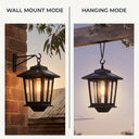 Split-view comparison: HeritageGlow installed in Wall Mount Mode (left) and Hanging Mode (right), demonstrating versatile mounting options for brick walls and pergola beams — both delivering timeless Victorian charm with modern solar convenience.