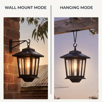 Split-view comparison: HeritageGlow installed in Wall Mount Mode (left) and Hanging Mode (right), demonstrating versatile mounting options for brick walls and pergola beams — both delivering timeless Victorian charm with modern solar convenience.