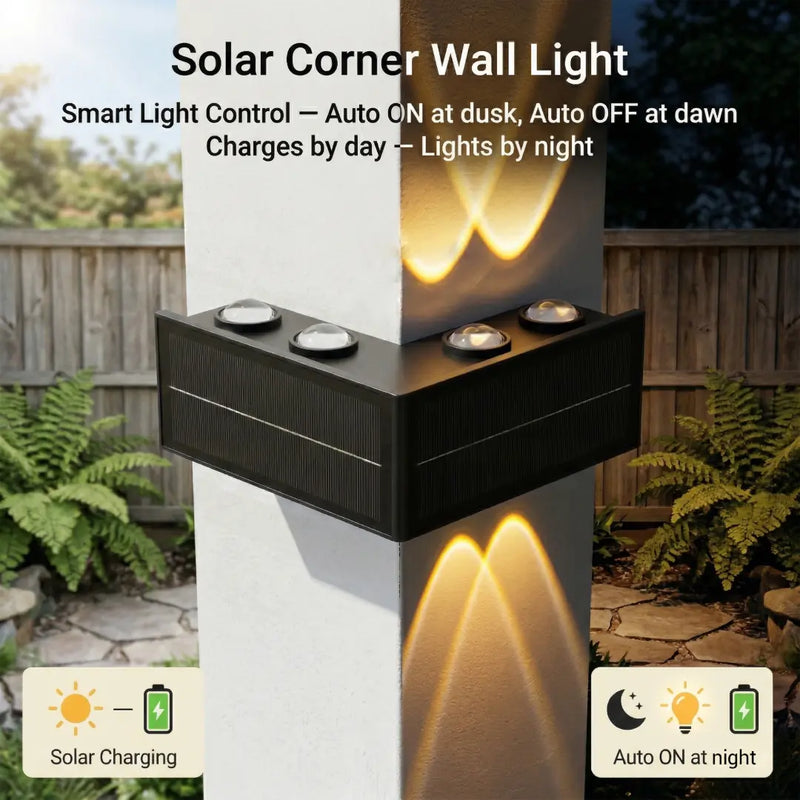 The PT0803 Grivo solar corner light installed on a white exterior pillar, accompanied by the text 'Solar Corner Wall Light. Smart Light Control — Auto ON at dusk, Auto OFF at dawn. Charges by day — Lights by night.' emphasizing its intelligent light sensor and hassle-free solar operation.