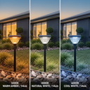 Three side-by-side outdoor solar pathway lights shown in warm amber, natural white, and cool white modes, installed in a landscaped garden bed in front of a house at dusk.