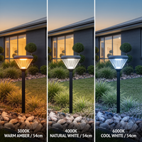 Three side-by-side outdoor solar pathway lights shown in warm amber, natural white, and cool white modes, installed in a landscaped garden bed in front of a house at dusk.