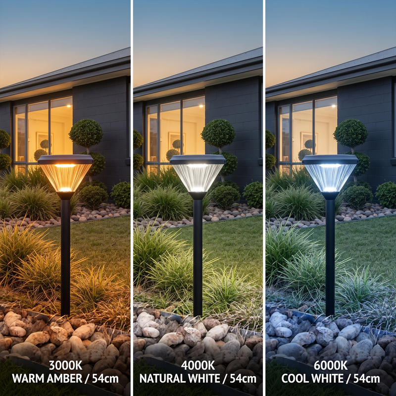 Three side-by-side outdoor solar pathway lights shown in warm amber, natural white, and cool white modes, installed in a landscaped garden bed in front of a house at dusk.
