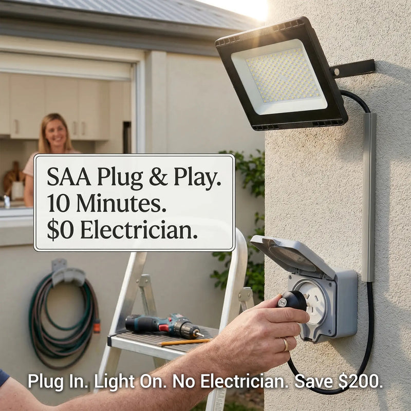 E027EI Voro floodlight shown in three colour temperatures side by side — 3000K warm golden over a Friday night backyard BBQ, 4000K natural white for a woman arriving home on Monday evening, 6500K bright security white illuminating a backyard at 2am with a golden retriever