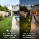 Split-view comparison: solar light charging in daylight (left) and glowing at dusk (right), with icons indicating “Auto off at dawn — charges while you enjoy your day” and “Auto on at dusk — welcomes you and your guests home” — emphasizing effortless, maintenance-free operation for busy households.