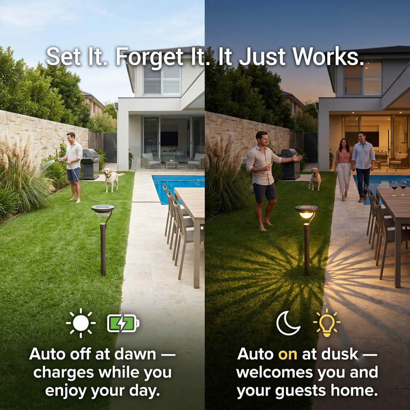Split-view comparison: solar light charging in daylight (left) and glowing at dusk (right), with icons indicating “Auto off at dawn — charges while you enjoy your day” and “Auto on at dusk — welcomes you and your guests home” — emphasizing effortless, maintenance-free operation for busy households.