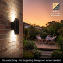 Outdoor wall light fixture on a brick wall with people sitting on a deck at dusk.