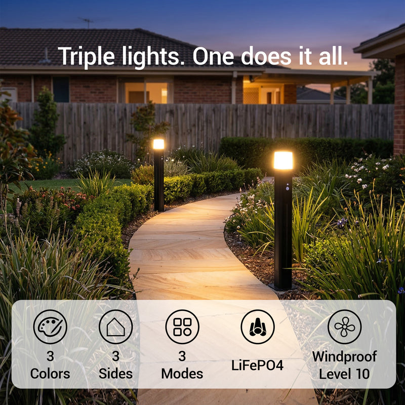 Outdoor garden pathway at dusk with two black bollard lights illuminated, with a house and garden visible in the background. Text at the top reads 'Triple lights.