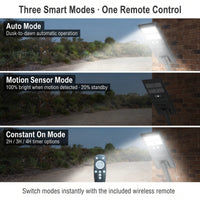 Infographic showing the three smart modes of the OUTWAY Nexa T007: Auto Mode, Motion Sensor Mode, and Constant On Mode with remote control.