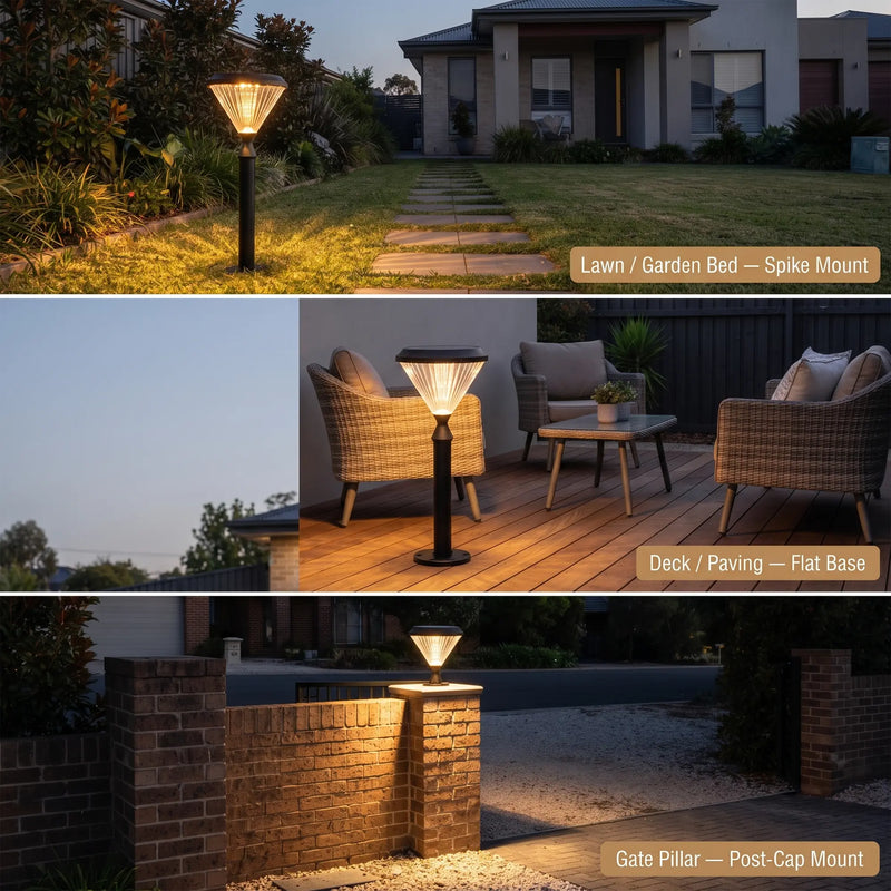 Three-panel collage showing a solar outdoor landscape light in use on a lawn, deck, and gate pillar at dusk. The lamp has a black pole and a warm glowing conical shade, with labels indicating Lawn / Garden Bed, Deck / Paving, and Gate Pillar mount options.