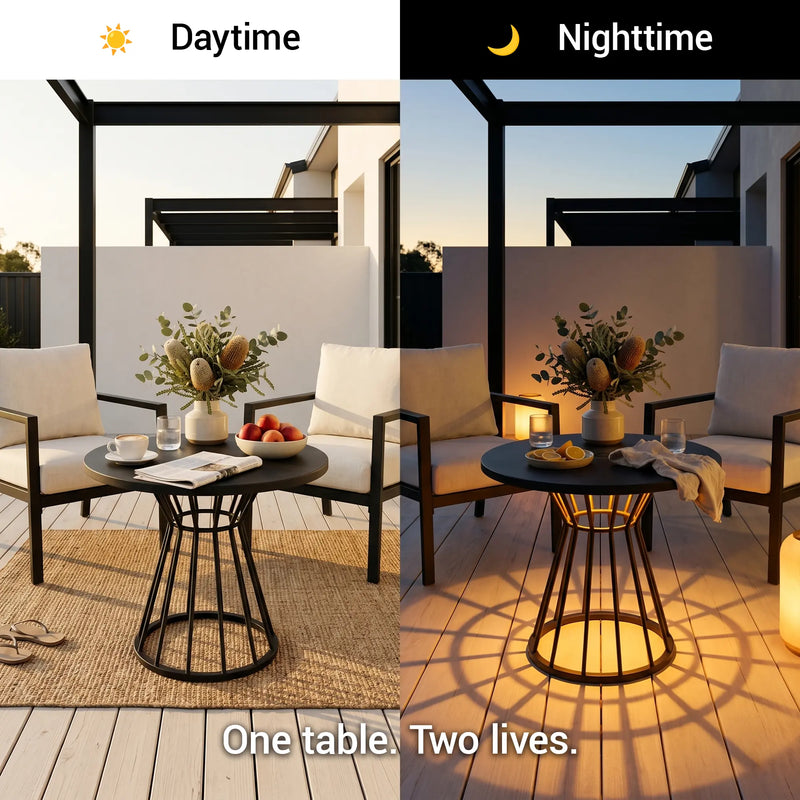 Outdoor patio with a table and chairs during daytime and nighttime, showing different lighting conditions.