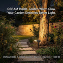 Garden pathway illuminated by a light fixture with OSRAM branding.