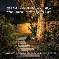 Garden pathway illuminated by a light fixture with OSRAM branding.