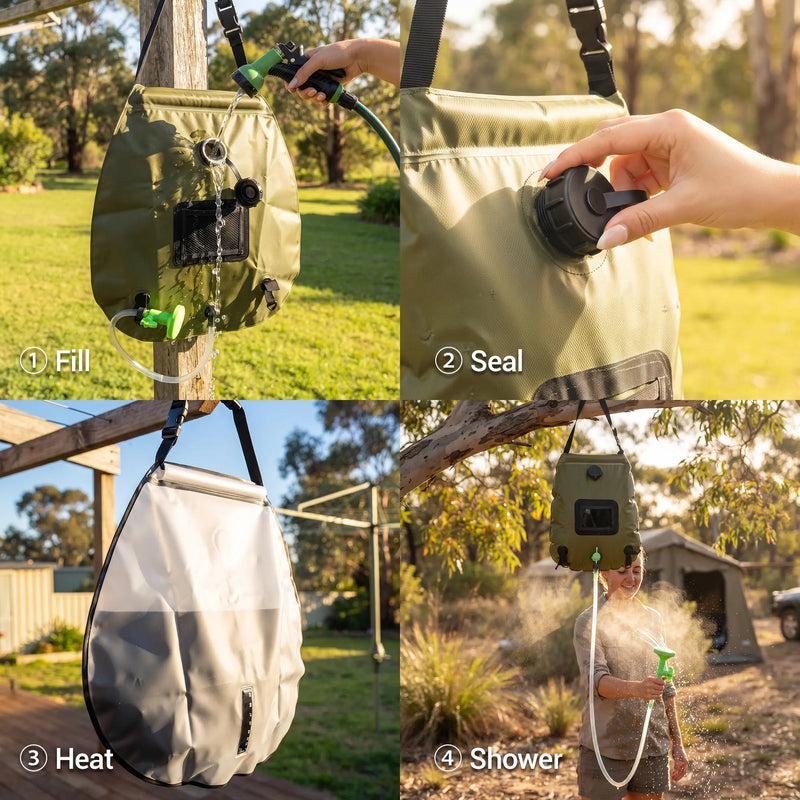 Four-step guide: fill, seal, heat, shower — shows green solar bag’s easy use for camping or backyard refreshment.