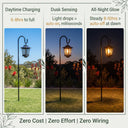 Three-panel infographic: Daytime Charging (6–8hrs), Dusk Sensing (auto-on), All-Night Glow (8–10hrs) — visually explaining zero-wiring, zero-effort solar operation with text “Zero Cost | Zero Effort | Zero Wiring”.