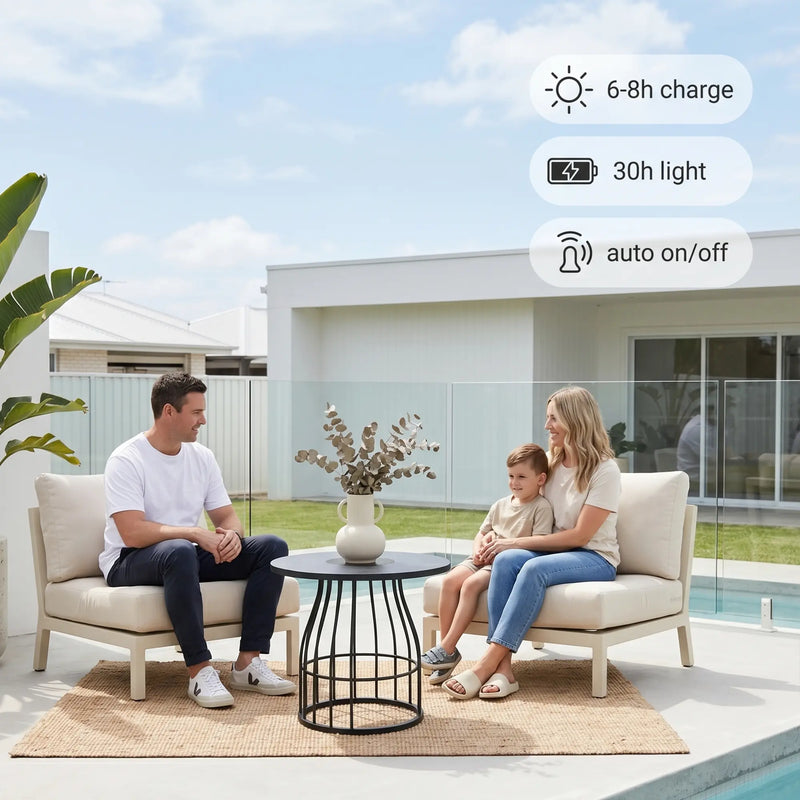 Family sitting outdoors on patio furniture with product features displayed.