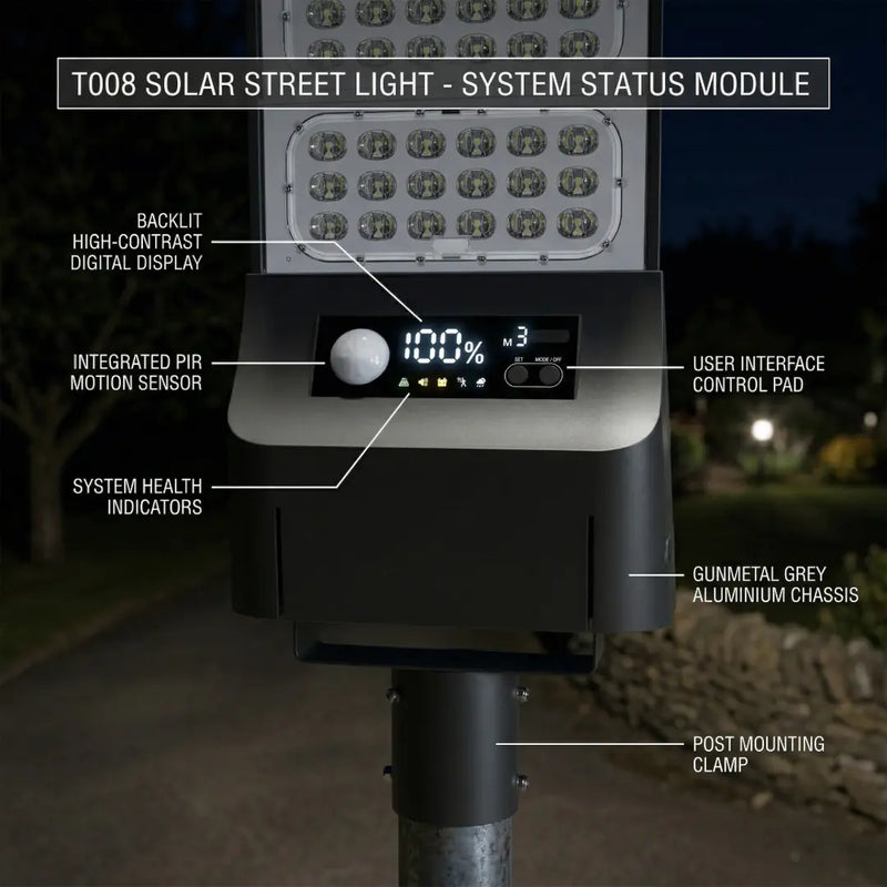 Detailed diagram of the T008 solar street light system components, labeling the LED status screen, PIR motion sensor, user control panel, gunmetal aluminum housing, and adjustable mounting bracket.