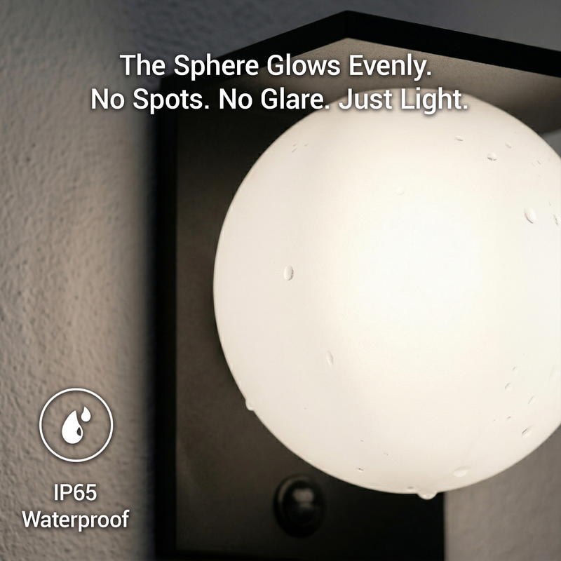 Spherical light fixture on a wall with text highlighting even glow and waterproof rating.