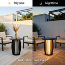 Outdoor patio set with a table during daytime and nighttime, showing different lighting conditions.