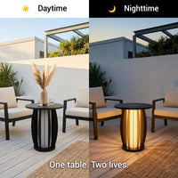 Outdoor patio set with a table during daytime and nighttime, showing different lighting conditions.