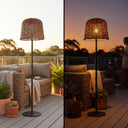 Split-view of lamp on balcony at sunset vs. evening gathering — demonstrates day-to-night transition, with woven texture casting dynamic shadows and seamless integration into social outdoor spaces.