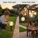 Comparison view showing 2-in-1 functionality: a spiked path light on the left and a hanging party light on the right.